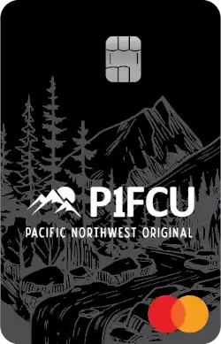 black vertical p1fcu debit card with mountains and stream on it
