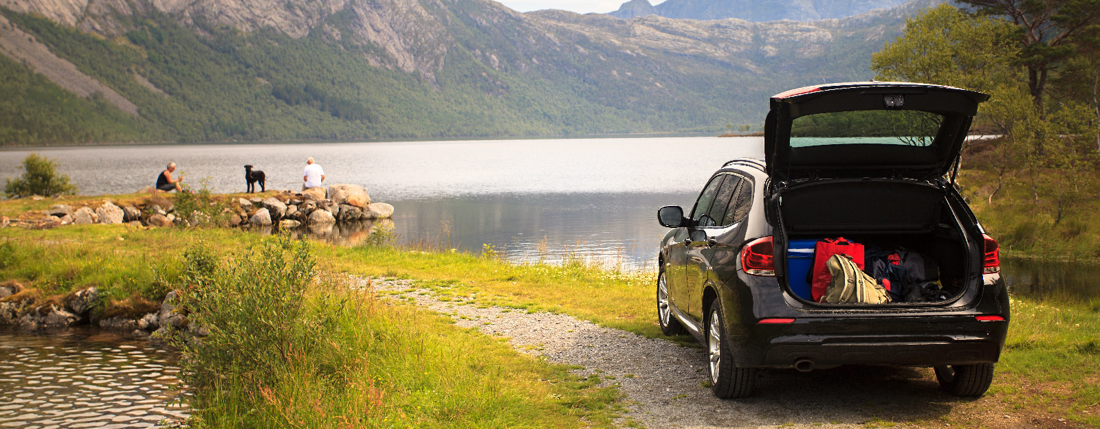 SUV with trunk open and people and dog outside of car standing by water in a forrest